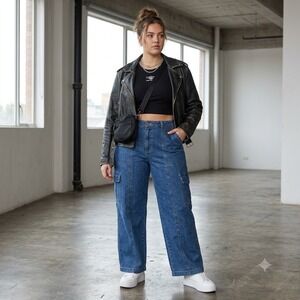 Vintage Lauren Ralph Lauren Jeans 16W Blue Cotton Cargo Wide Leg Utility Denim